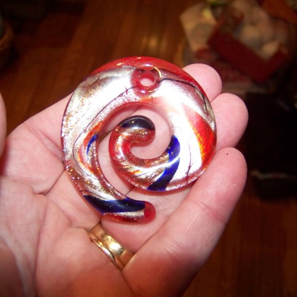 Murano Glass Swirl Blue Red Gold Pendant Italy - Picture 2 of 3